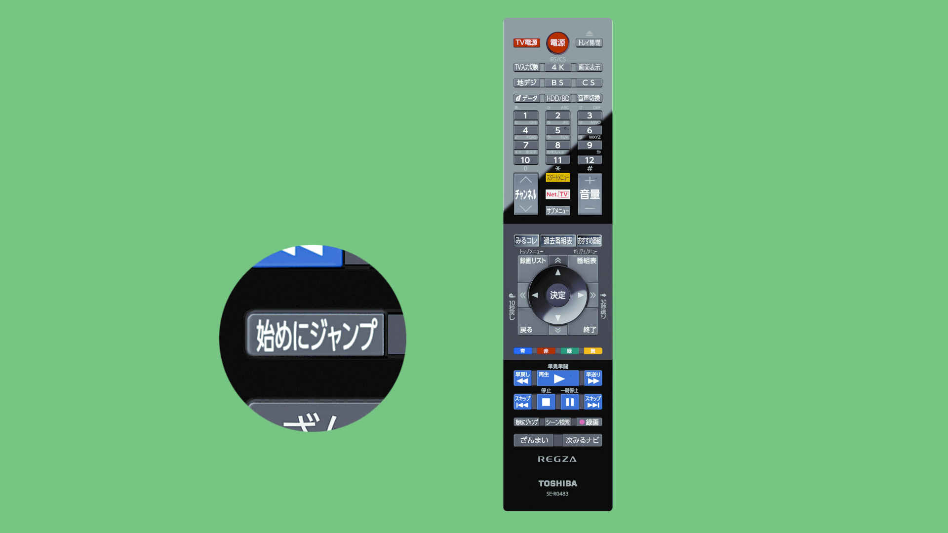 リモコンの「始めにジャンプ」ボタン　4Kレグザブルーレイ